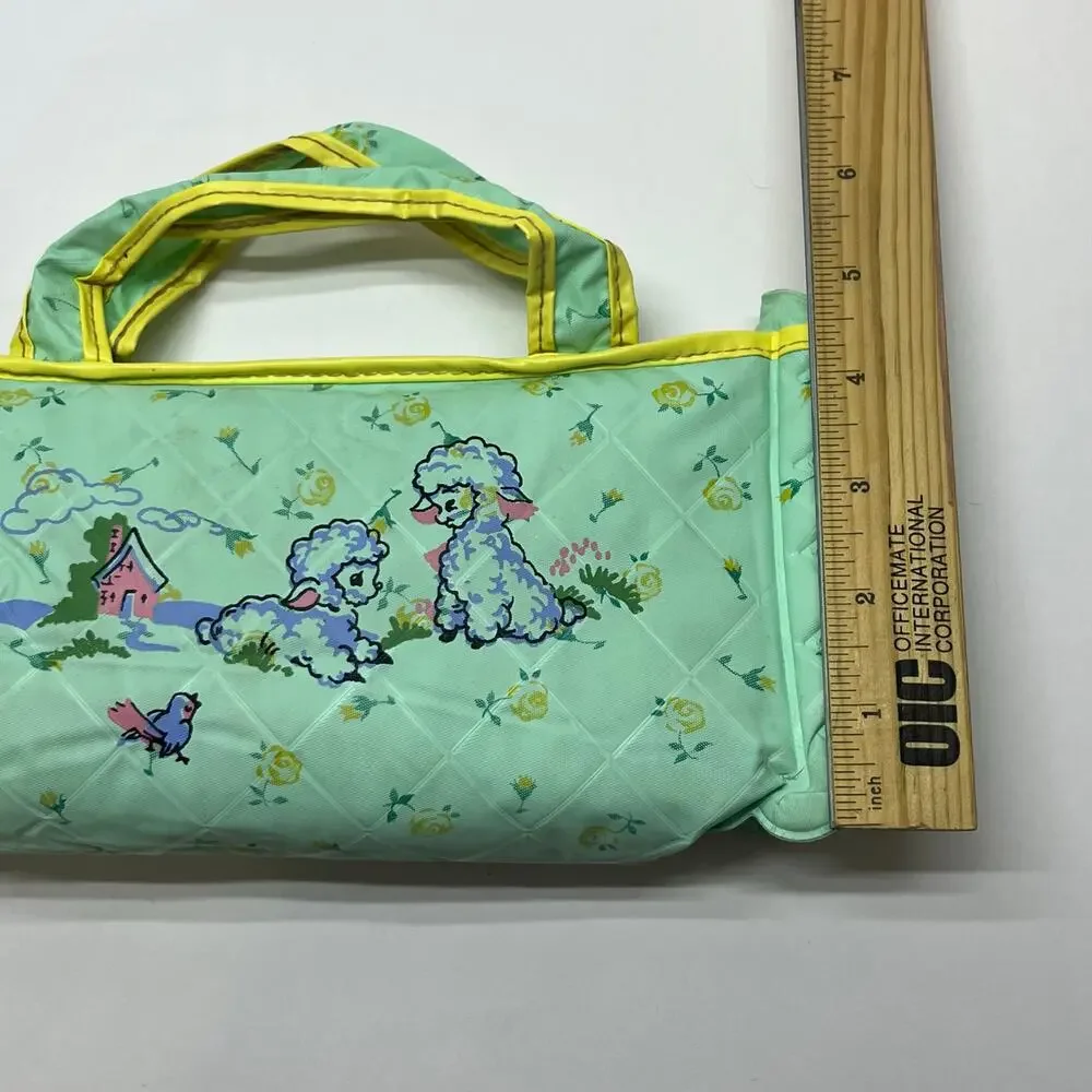 Vintage Lamb Cottage Print Quilted Vinyl Travel Bag Mint Green Yellow Retro Case